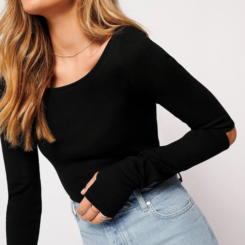 Long Sleeve Elbow Slit Boat Neck Top